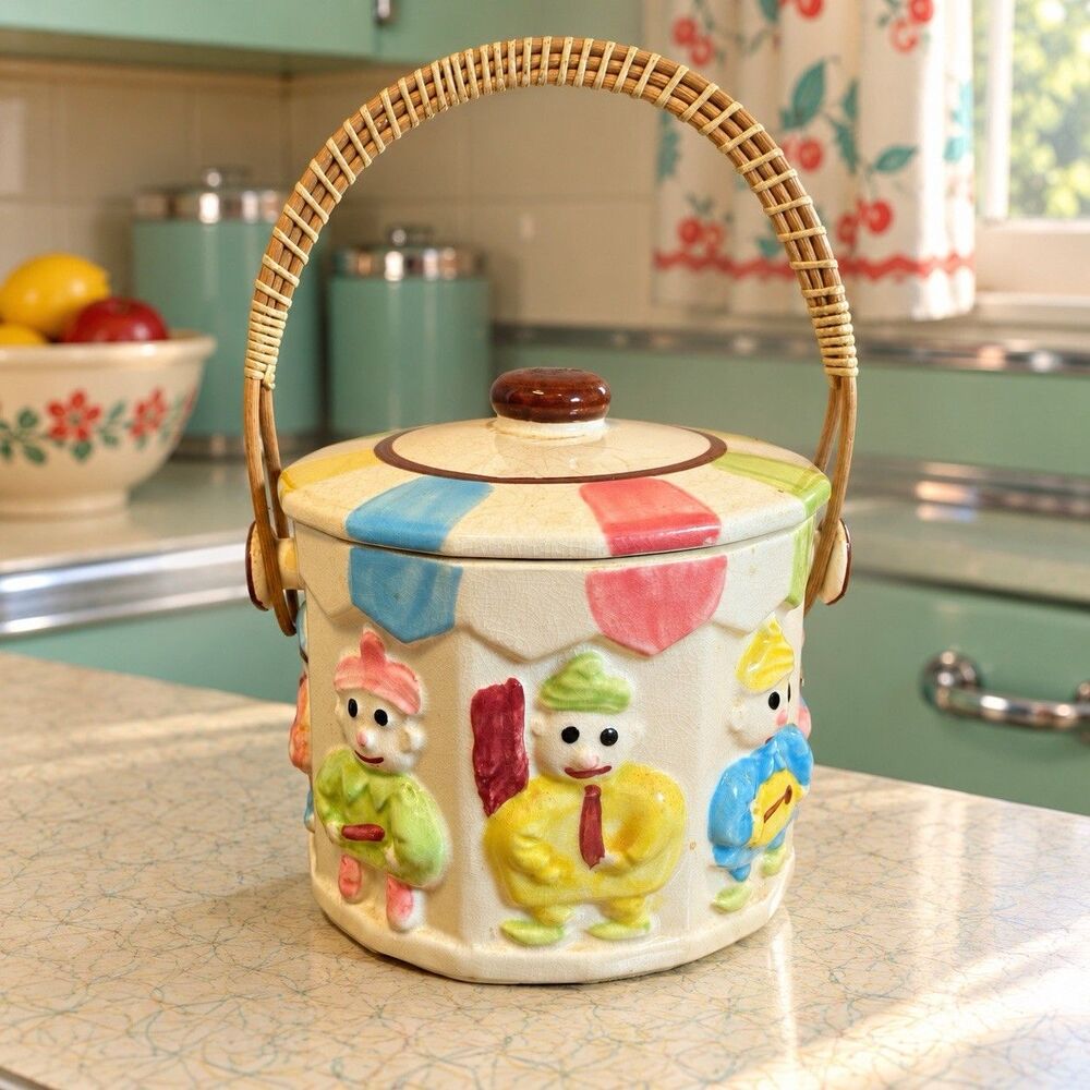 Vintage Harlequin Clown Ceramic Bisquit Cookie Jar w/ Lid & Wicker Handle Pastel